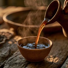 Fototapeta premium Dark ethiopian coffee poured from clay jebena