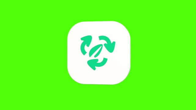 3D animated leaf recycling arrows icon on a white rounded card with a green screen background. Smooth loop motion, perfect for UI, eco cycle, and video editing elements.