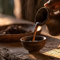 Fototapeta premium Ethiopian coffee being poured from clay jebena