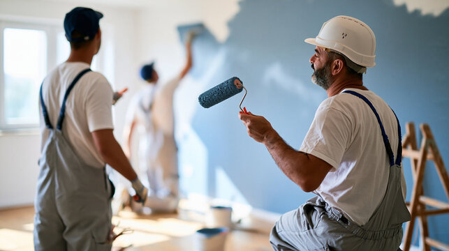 rear view of skilled male painters playfully fooling around with paint rollers after finishing an apartment wall in a bright room, backs to camera, lighthearted teamwork concept,
