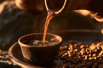 Fototapeta premium Small cup filling with dark Ethiopian coffee