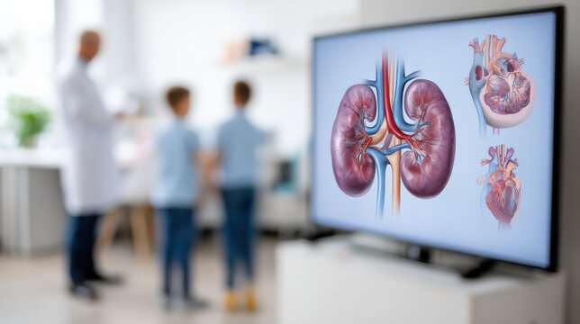 Close medium shot of pediatric preop consultation with detailed child anatomy charts on the wall monitor screen glowing subtly out of focus.