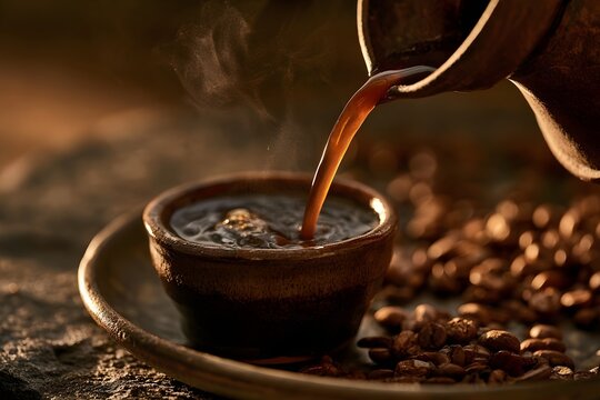 Traditional jebena pouring coffee into small cup