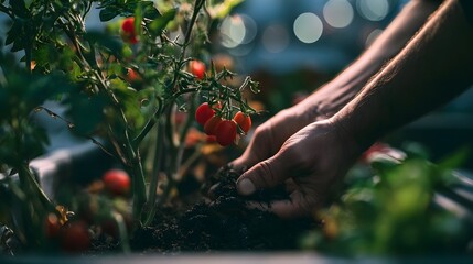 Fototapeta premium Hands harvesting cherry tomatoes from a rooftop planter at twilight