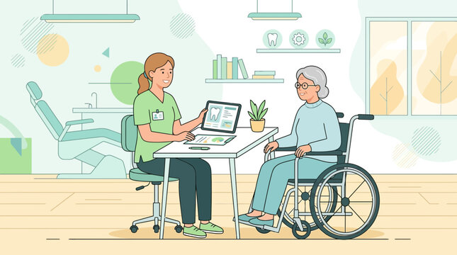 Dentist showing tablet to elderly woman in wheelchair