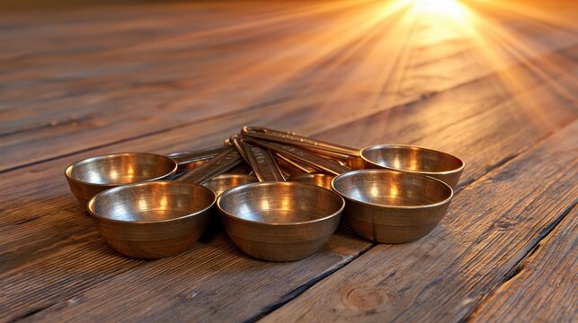 Set of antique brass measuring cups arranged on a rustic wooden table with warm sunlight.