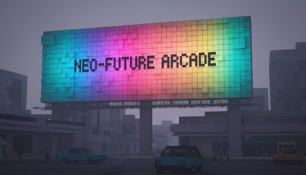 Massive rainbow-colored voxel art billboard with pixelated text brightly illuminates a foggy, dystopian city street with low-poly cars and pedestrians