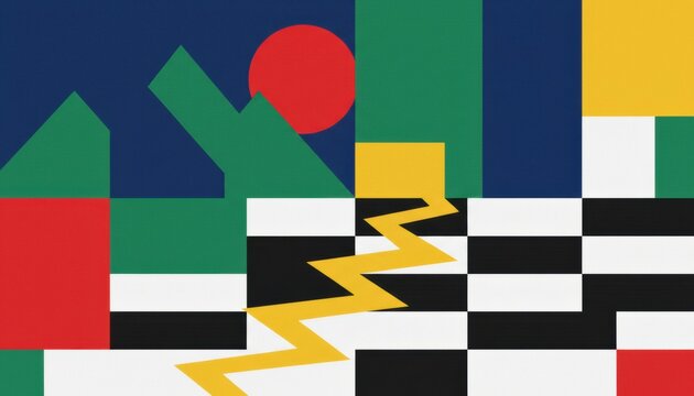 Bold geometric abstract pattern featuring colorful shapes, a checkerboard design, and a yellow zigzag line in a modern, minimalist style with a subtle texture
