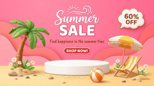 Summer Sale 60 Percent Discount Promotion Banner With 3D Palm Tree Beach Chair And Product Podium Pink Design