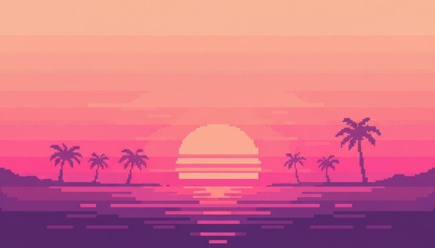 Pixel art tropical sunset over the ocean shows silhouetted palm trees and a vibrant pink and purple sky with a retro 8-bit video game aesthetic