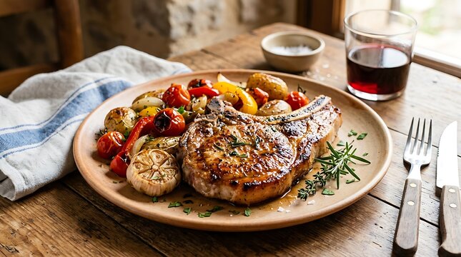 Grilled pork chop with roasted vegetables and herbs served on a wooden plate at a rustic dinner table. chuleta de cerdo