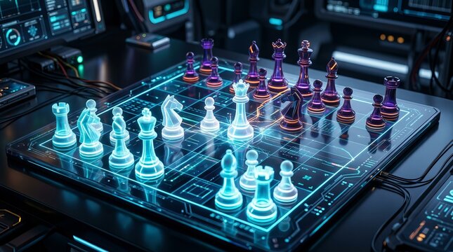 Futuristic holographic chess game on glowing board.