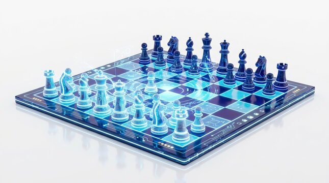Futuristic glowing blue chess set on dark board.