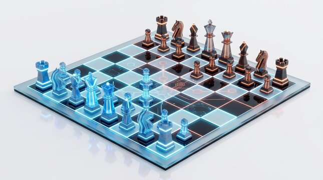 Colorful 3D Chess Set on Blue Checkered Board.