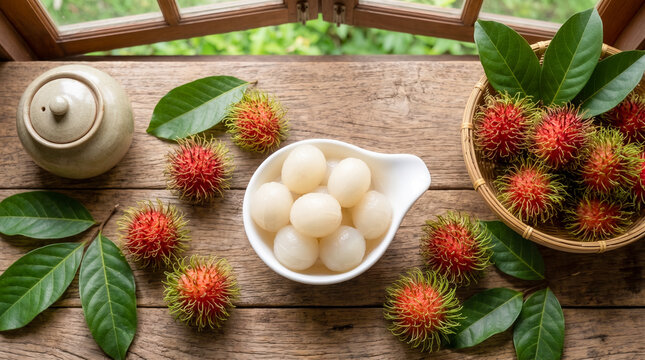 Fresh peeled rambutan fruits served in a white bowl alongside whole hairy rambutan fruits, green leaves, and ceramic teapot on a rustic wooden table.