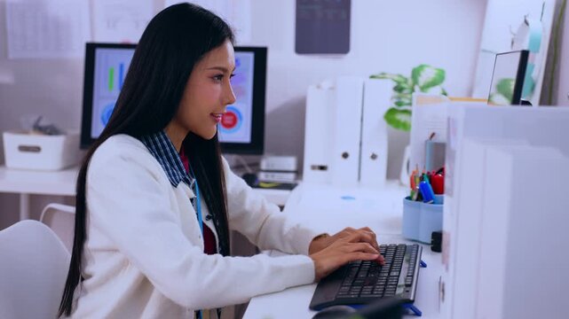 Asian woman doctor typing on computer keyboard in clinic office with calm medical focus, modern healthcare workspace, monitor, chart, plant, documents, professional desk setup