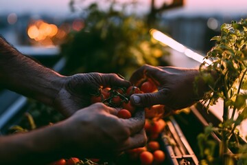 Fototapeta premium Harvesting cherry tomatoes by hand in an urban rooftop garden at twilight