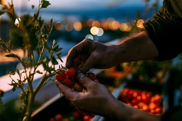 Fototapeta premium Harvesting cherry tomatoes by hand in an urban rooftop garden at twilight