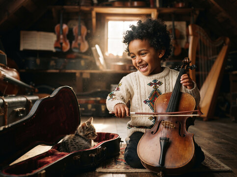 Adorable Mixed Heritage Toddler Boy Playing Cello with Bird in Music Studio.