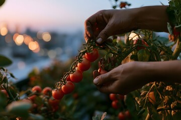 Fototapeta premium Harvesting cherry tomatoes by hand in an urban rooftop garden at twilight