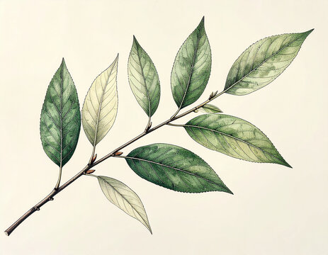 Willow branch with detailed veined leaves in fine botanical line art
