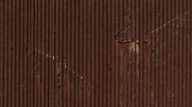 Close up of weathered corrugated metal surface with vertical lines and rust spots.