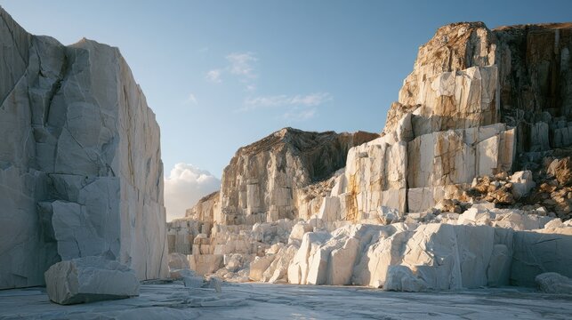Stone quarry walls stand tall against a clear blue sky in this rugged industrial landscape.