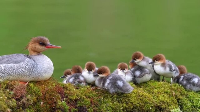 Common Merganser with Brood of Ducklings