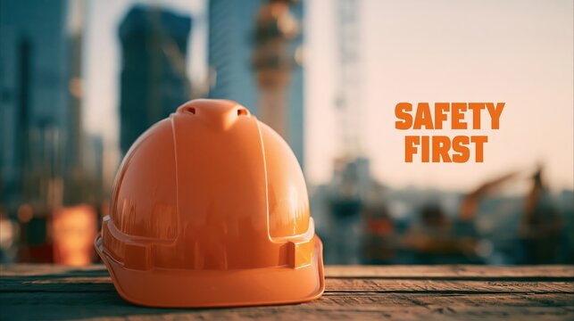 An orange hard hat on a wooden surface with a blurred cityscape background and safety first text