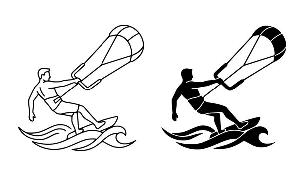 Kiteboarding Sport Icon Set with Dynamic Rider Outline and Silhouette Vector Illustration