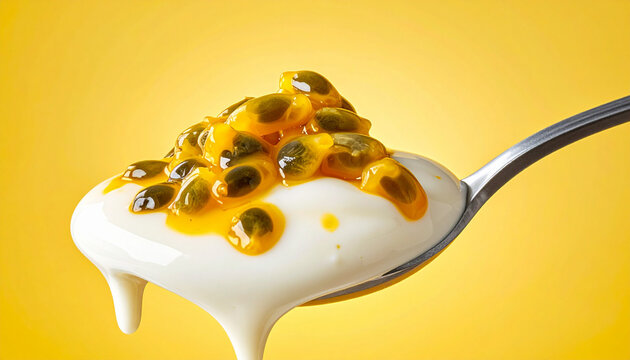 Creamy yogurt spoon topped with passion fruit pulp and seeds