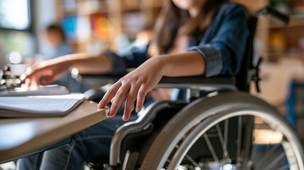 Obraz premium Bright classroom interior where a girl in a wheelchair sits at a desk with an open workbook cropped below the chin with the face outside the frame clean daylight crisp