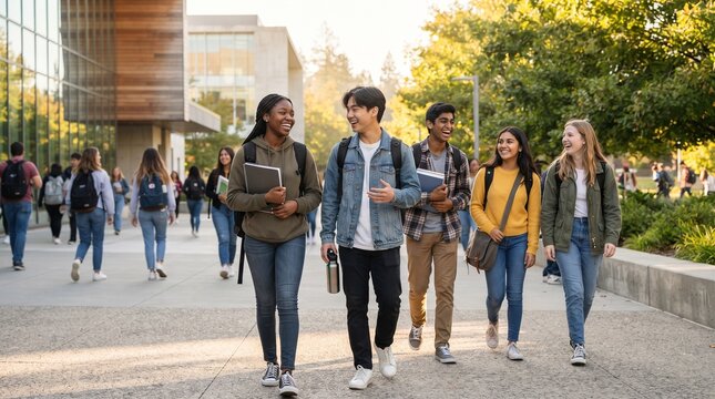 A group of diverse students walking together on a sunny campus, carrying books and backpacks. They are smiling and appear to be engaged in conversation, enjoying their day