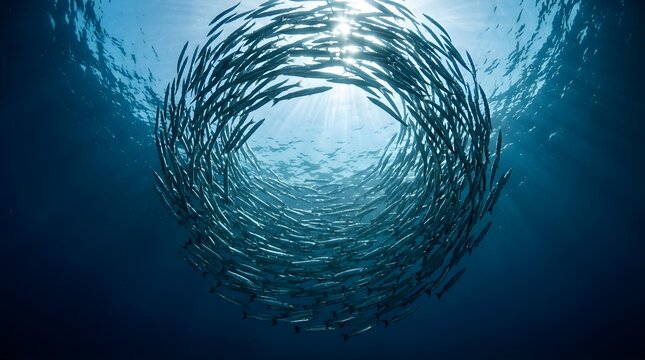 School of barracuda fish swimming in a circular formation underwater