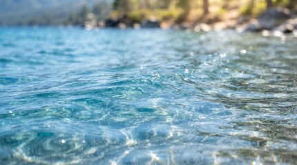 Fototapeta premium Clear blue water gently lapping at the shore, sunlight sparkling on the surface, creating a sense of peace and tranquility. The background shows a hint of a sandy beach and distant trees.