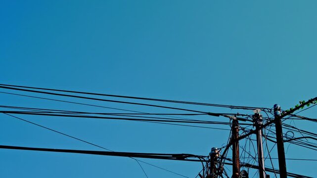 Static low angle shot looking up at electric utility poles and tangled power lines wrapped with green vines against a clear blue sky in Gresik, Indonesia.