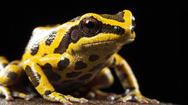 Vibrant Yellow and Black Spotted Harlequin Frog Macro