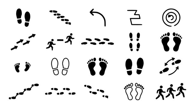 Human barefoot footprints and walking trail icons with step path editable black vector illustration set