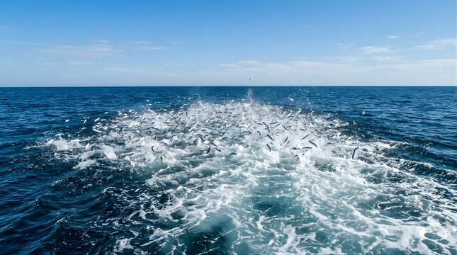 School of small fish jumping out of deep blue ocean water surface