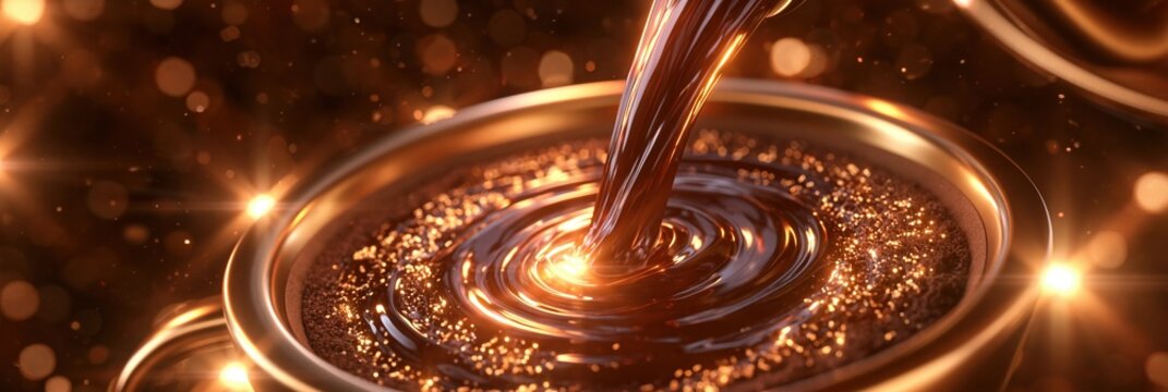 Luxurious Hot Chocolate Pouring into a Golden Cup with Sparkles and Bokeh