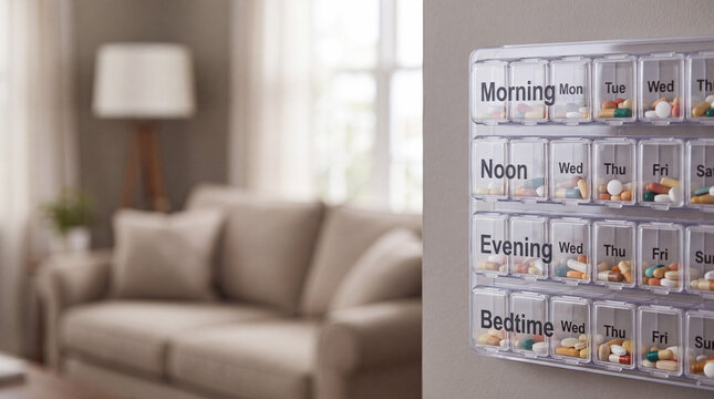 Weekly pill organizer on wall in cozy home living room