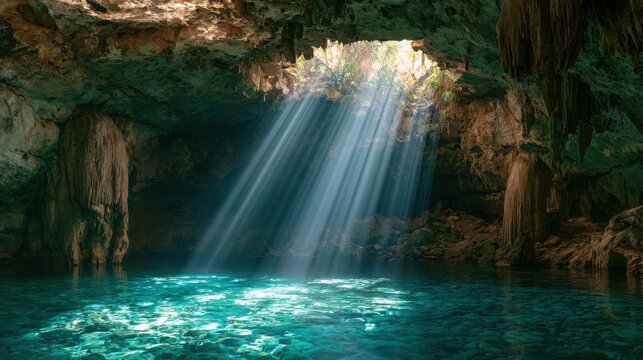 Cenote cavern interior features turquoise water illuminated by a dramatic shaft of sunlight piercing through an opening in the rocky ceiling above.