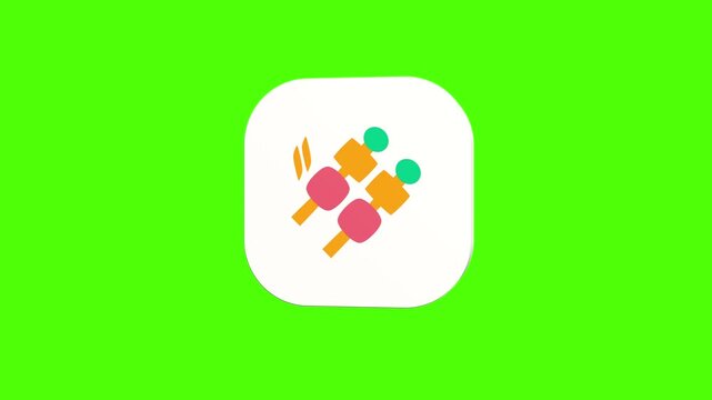 3D animated barbecue skewer icon on a white rounded card with a green screen background. Smooth loop motion, perfect for mobile app UI, grill restaurant, and video editing elements.