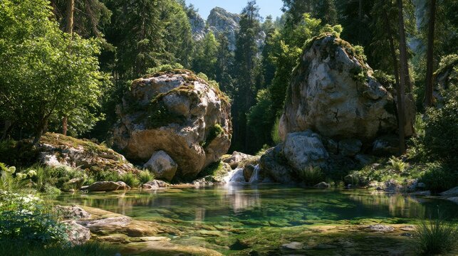 Forest pond captures the sunlight filtering through dense trees onto moss-covered rocks and a small trickling waterfall.