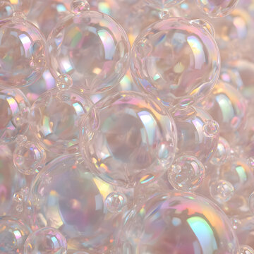 Macro shot of iridescent soap bubbles clustered with rainbow sheen