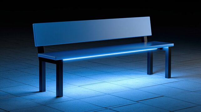 Modern blue bench with integrated LED lighting on a tiled floor in a dark environment