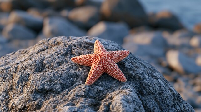 Orange Starfish Resting on a Textured Rock Near the Ocean
