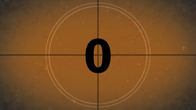 Countdown old film from 5 to 0 number. 5 seconds realistic vintage old movie countdown intro animation - sepia toned with film shake and dust and scratches.