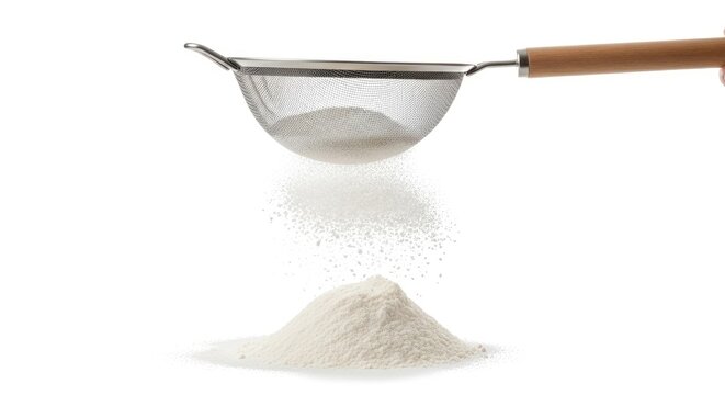 A stainless steel sifter with a wooden handle is pouring flour into the air. The flour is creating a cloud of dust.