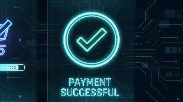 Payment successful shopping cart checkout progress bar digital interface glowing blue check mark online shopping ecommerce transaction purchase confirmation user interface seamless process